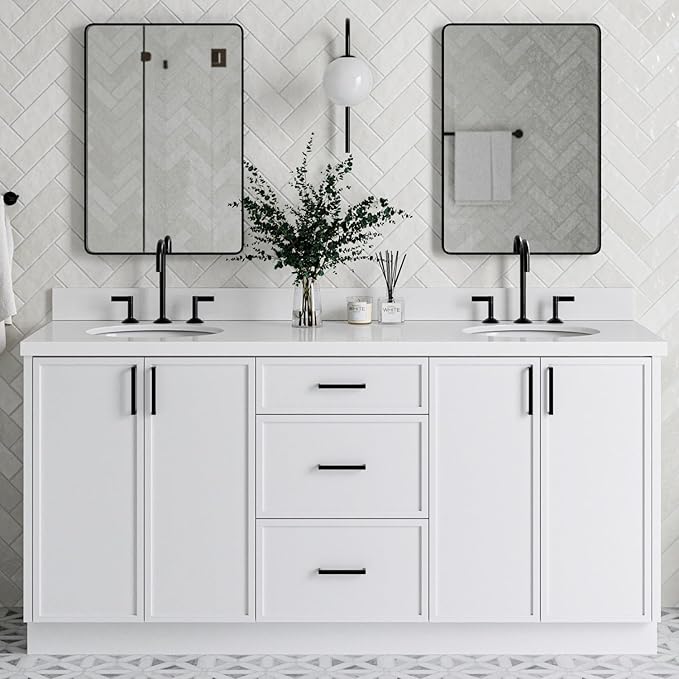 ARIEL Kelly 72-inch Bathroom Vanity with Sink,Solid Wood, 1.5-inch Pure White Quartz Countertop & Backsplash, Double Oval Porcelain Sink, 4 Soft Closing Doors, 5 Dovetail Drawers, White
