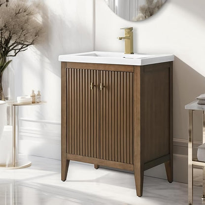 Vanity Art 24 inch Bathroom Vanity with Single Sink & Ceramic Top, Vanity Cabinet with Soft-Closing Door, Solid Wood Frame, Linear Pattern, Walnut, Golden Brushed Handware VA9124-Walnut-GB