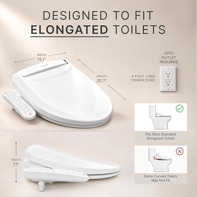 SmartBidet® SB-2000 Smart Bidet Electric Bidet Toilet Seat with Heated Seat, Warm Water, Air Dryer – Side Control Panel, Elongated