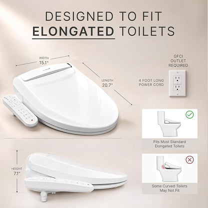 SmartBidet® SB-2000 Smart Bidet Electric Bidet Toilet Seat with Heated Seat, Warm Water, Air Dryer – Side Control Panel, Elongated