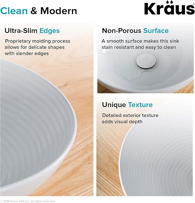 KRAUS Viva™ Round White Porcelain Ceramic Vessel Bathroom Sink, 16 1/2 in. D x 4 3/8 in. H, KCV-203GWH