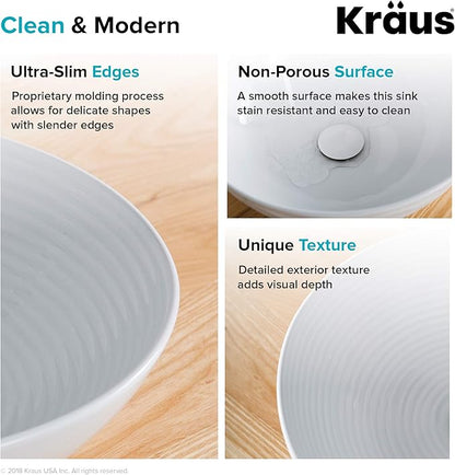 KRAUS Viva™ Round White Porcelain Ceramic Vessel Bathroom Sink, 16 1/2 in. D x 4 3/8 in. H, KCV-203GWH