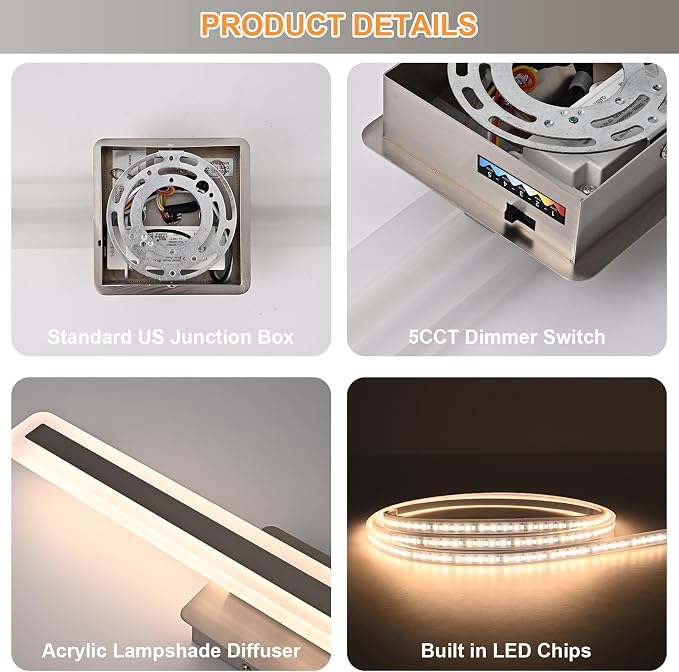 28W Modern Vanity Lights for Bathroom 24.0 Inch LED Vanity Bar Light 5CCT Dimmable Brushed Nickel Wall Sconces LED Bathroom Lighting Fixtures Over Mirror for Bath Room Cabinets Bedroom