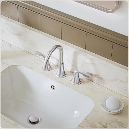Brushed Nickel Widespread 8 Inch 3 Holes Bathroom Faucet，Two Handles Stainless Steel Bathroom Sink Faucet with Metal Pop-Up Drain and Water Supply Lines, WFTY36-BN