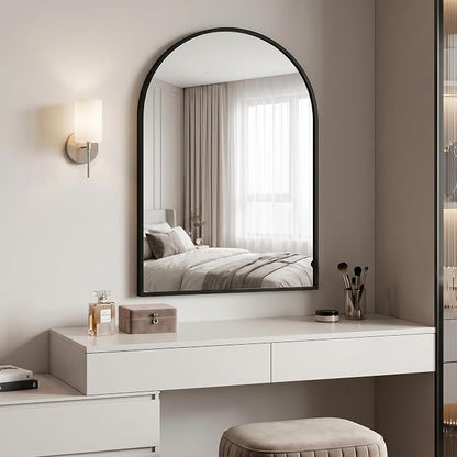 BEAUTYPEAK 28"x20" Arch Bathroom Wall Mirror, Black | Wall Mounted Vanity Metal Frame Mirror for Bedroom, Entryway, Living Room, Fireplace