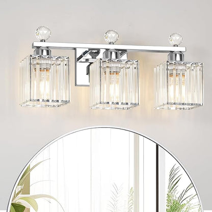 Lxybcce 18.8 Inch Bathroom Vanity Light with Clear Crystal Shades, 3-Light Chrome Modern Fixture for Mirror, Easy Installation & Dimmable Lighting, Shadow-Free Illumination for Bathroom Mirror Decor