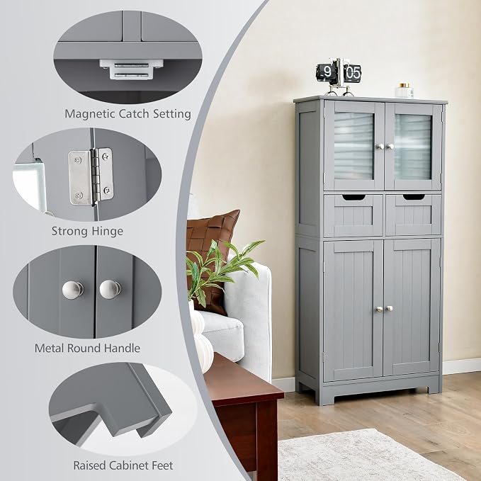 Giantex Bathroom Floor Storage Cabinet - Freestanding Cabinet with 2 Glass Doors, 2 Drawers & Adjustable Shelves, Multifunctional 50.5” Tall Storage Organizer Cupboard for Kitchen, Living Room (Gray)