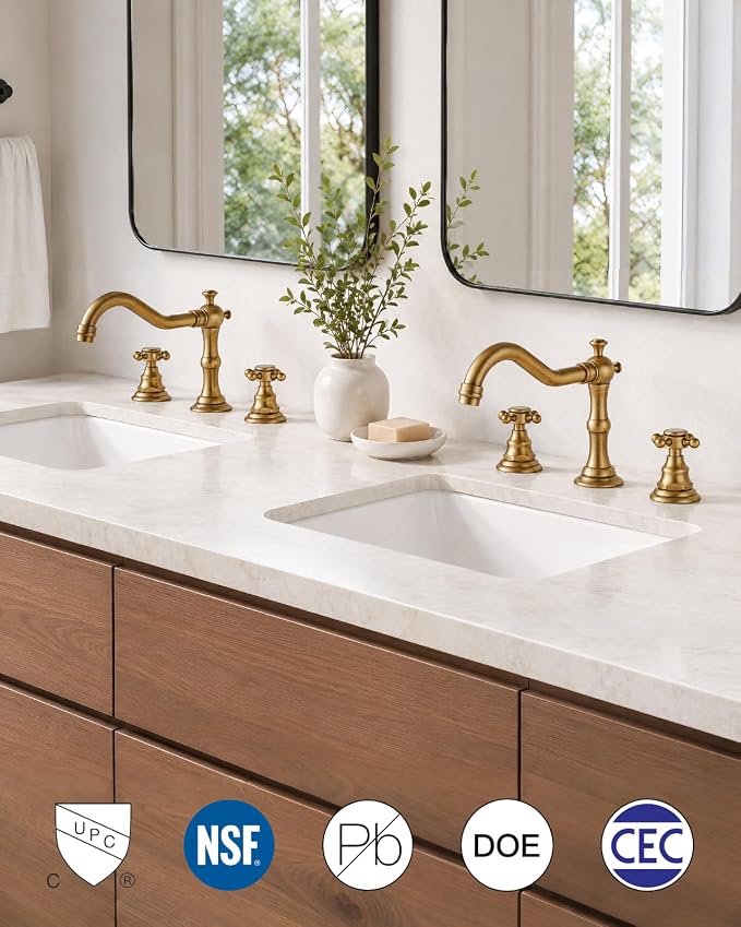 gotonovo 3 Hole 8’’ Widespread Bathroom Sink Faucet Antique Brass | Vintage Bathroom Faucet,2 Cross Handle,6-16’’ Sink,Vanity,Basin,RV,Farmhouse,SUS304,24’’ cUPC Hose Pop Up Drain,Deck Mount