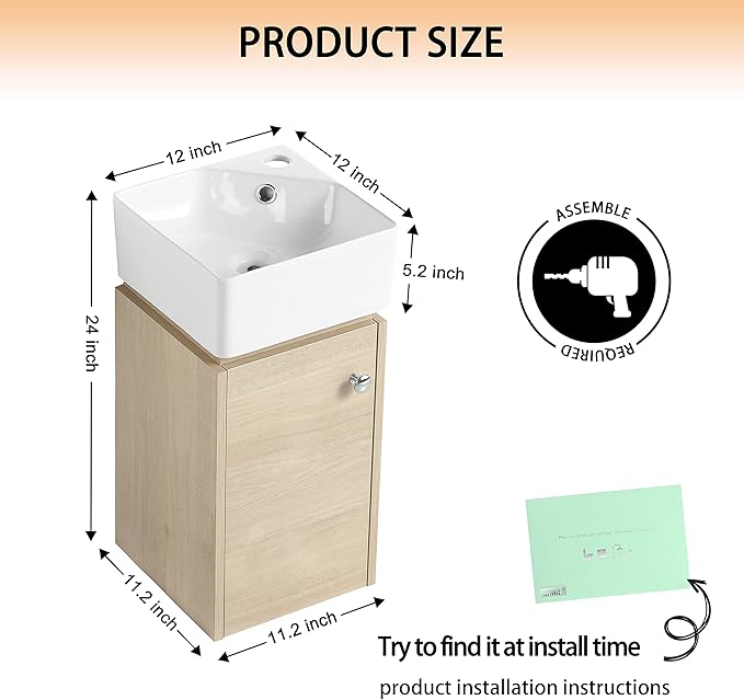 12" Bathroom Vanity with Sink, 12 Inch Floating Bathroom Vanity for Small Space, Modern Bathroom Vanity, Brown Wall Mounted Cabinet Set