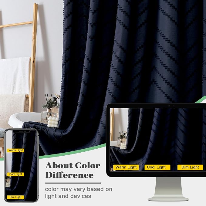 Extra Long Navy Blue Boho Shower Curtain, Chic Tufted Chevron Striped Textured Cloth Fabric Shower Curtains with Tassel for Bathroom, Soft Hotel Style Farmhouse, Machine Washable, 72x96