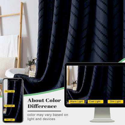 Extra Long Navy Blue Boho Shower Curtain, Chic Tufted Chevron Striped Textured Cloth Fabric Shower Curtains with Tassel for Bathroom, Soft Hotel Style Farmhouse, Machine Washable, 72x96