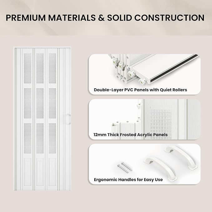 SMARTSTANDARD 36"x 80" Accordion Door with Grid Frosted Acrylic Glass,White | Double Walled PVC Folding Accordion Closet Door for Bedroom Bathroom, Save Space, Full-Side Magnetic Strip, Easy to Install