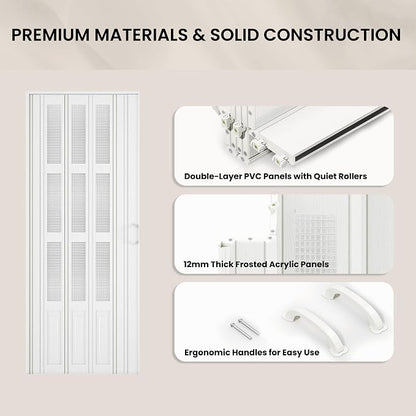 SMARTSTANDARD 36"x 80" Accordion Door with Grid Frosted Acrylic Glass,White | Double Walled PVC Folding Accordion Closet Door for Bedroom Bathroom, Save Space, Full-Side Magnetic Strip, Easy to Install
