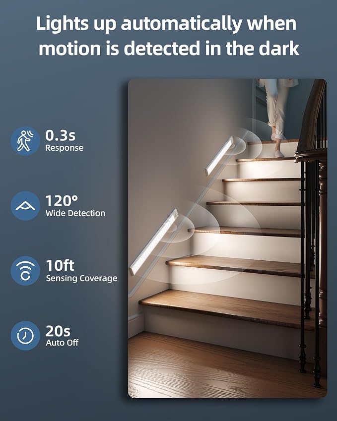 17" Under Cabinet Lights, Motion Sensor Light, Wireless Closet Lights, 3 Color Temps, 4000mAh Rechargeable, Magnetic, Dimmable, 128 LEDs Super Bright Under Counter Lights for Kitchen (2 Pack)