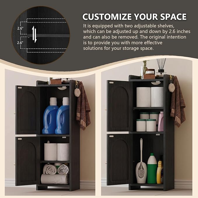 Arbuxzuy Small Bathroom Storage Cabinet with 2 Doors and Adjustable Shelf | Black Corner Floor Cabinet, Narrow Toilet Paper Cabinets with 2Hooks,Toilet Organizer for Small Spaces, 7.87"D*9.84"W*29.72"H