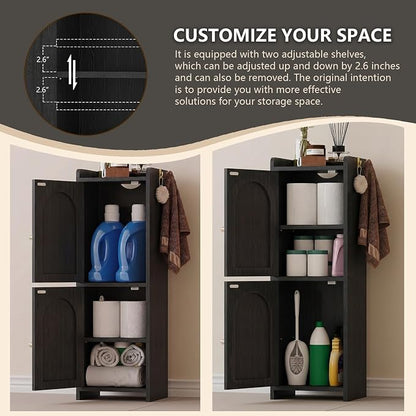 Arbuxzuy Small Bathroom Storage Cabinet with 2 Doors and Adjustable Shelf | Black Corner Floor Cabinet, Narrow Toilet Paper Cabinets with 2Hooks,Toilet Organizer for Small Spaces, 7.87"D*9.84"W*29.72"H