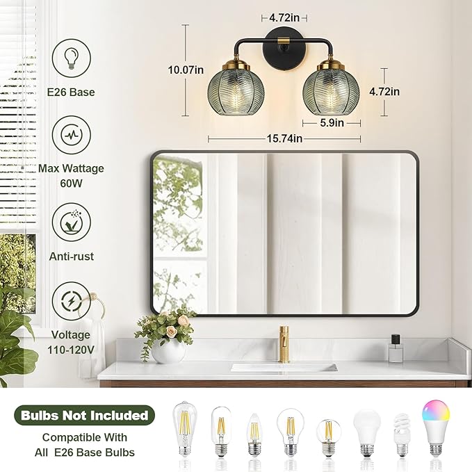 Bathroom Light Fixtures, 2-Light Green Vanity Lights with Unique Leaf Texture Glass Shade, Modern Matte Black and Gold Bathroom Wall Lamp for Mirror Hallway Cabinet Living Room