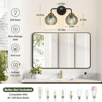Bathroom Light Fixtures, 2-Light Green Vanity Lights with Unique Leaf Texture Glass Shade, Modern Matte Black and Gold Bathroom Wall Lamp for Mirror Hallway Cabinet Living Room