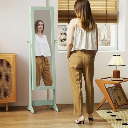 MAT EXPERT Jewelry Armoire Cabinet w/Full-Length Mirror, Jewelry Organizer Standing Mirror w/ 4 Shelves, 3 Adjustable Tilt Angles, Anti-toppling Device, Jewelry Cabinet for Bedroom, Living Room, Green