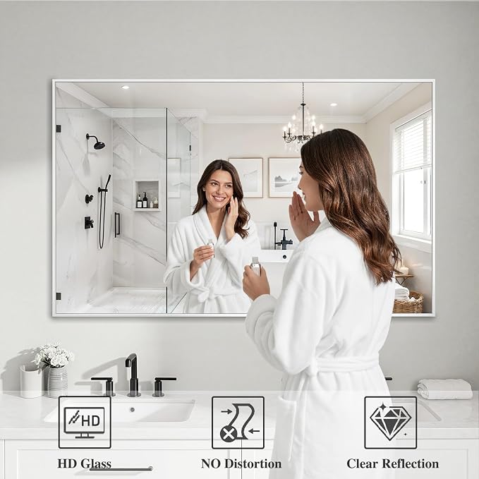 Koonmi White Rectangle Wall Mirror, 30x48 Inch Bathroom Mirror, Aluminum Frame Vanity Mirror for Entryway, Living Room, Bedroom Bathroom, Hangs Horizontally or Vertically