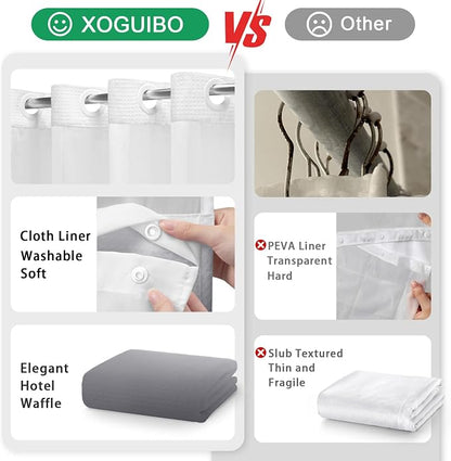 No Hook Shower Curtain with Liner Set Hotel Waffle Ombre Grey 72W X 75L | Washable Snap in Fabric Liner, Mesh Top Window, Waffle Hotel Style Shower Curtain Set