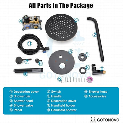 gotonovo Shower System 10 Inch Round Rainfall Showerhead Wall Mounted High Pressure Shower Faucet Set Fixture Combo with Rough in Valve and Cylindrical Handheld Spray, Oil Rubbed Bronze