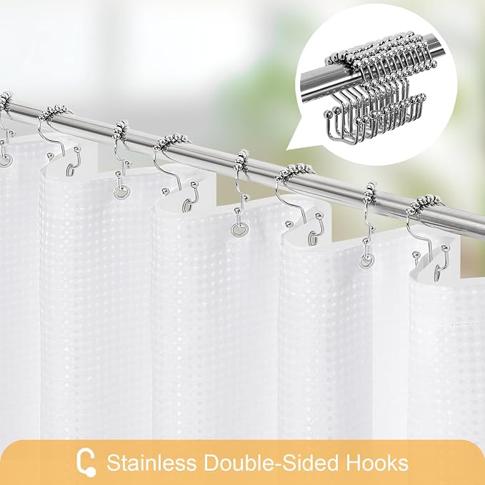 3 in 1 White Shower Curtain with PEVA Liner, 12 Hooks, 72x72 | Luxury Weighted Fabric Shower Curtain Set, 12 Stainless Steel Double-Sided Hooks, Water Repellent, Bathroom Decor