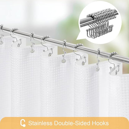 3 in 1 White Shower Curtain with PEVA Liner, 12 Hooks, 72x72 | Luxury Weighted Fabric Shower Curtain Set, 12 Stainless Steel Double-Sided Hooks, Water Repellent, Bathroom Decor
