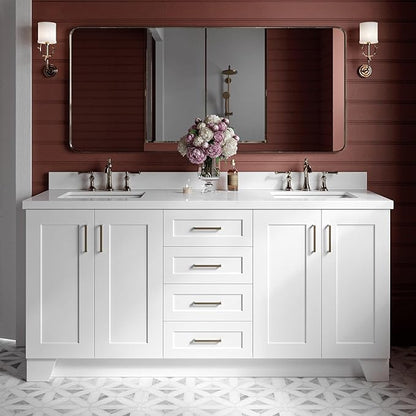 ARIEL Taylor 72-inch Bathroom Vanity with Sink,Solid Wood, 1.5-inch Pure White Quartz Countertop & Backsplash, Double Rectangular Porcelain Sink, 4 Soft Closing Doors, 6 Dovetail Drawers, White