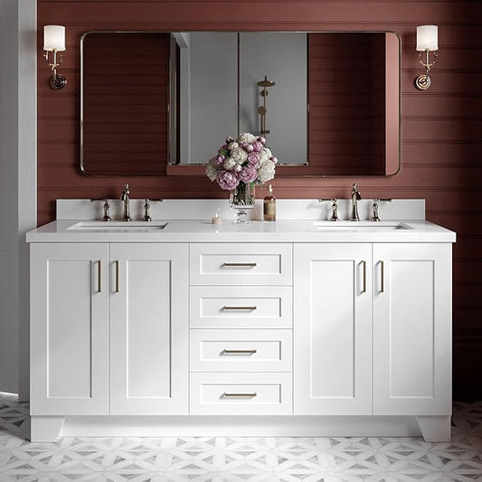 ARIEL Taylor 72-inch Bathroom Vanity with Sink,Solid Wood, 1.5-inch Pure White Quartz Countertop & Backsplash, Double Rectangular Porcelain Sink, 4 Soft Closing Doors, 6 Dovetail Drawers, White