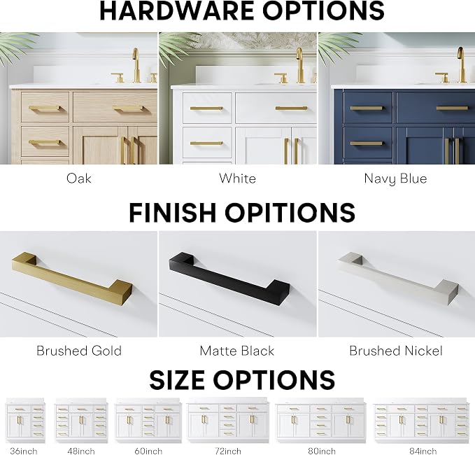 48-Inch Bathroom Vanity with Sink W/ 2 Doors & 8 Drawers & 1 Flip Drawer, White Vanity W/Brushed Gold Handles