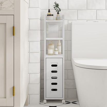Bathroom Storage Cabinet - Toilet Paper Storage Cabinet, Small Toilet Paper Holder with 4 Wheels, Bathroom Organizer with Adjustable Shelf, for Small Spaces, White BC04613W