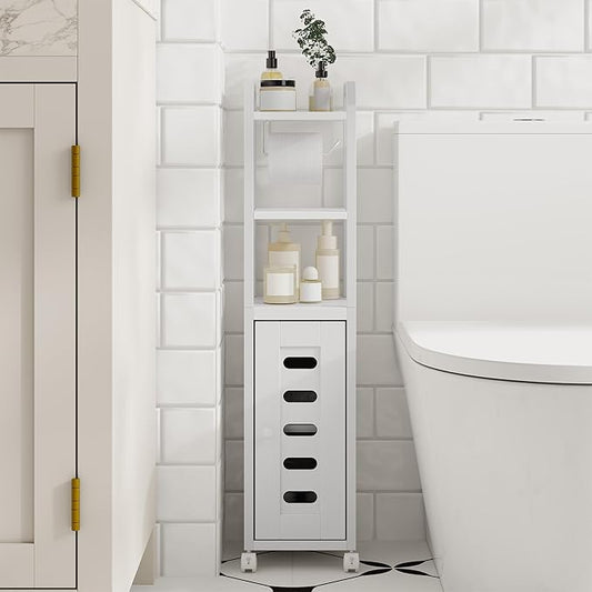 Bathroom Storage Cabinet - Toilet Paper Storage Cabinet, Small Toilet Paper Holder with 4 Wheels, Bathroom Organizer with Adjustable Shelf, for Small Spaces, White BC04613W