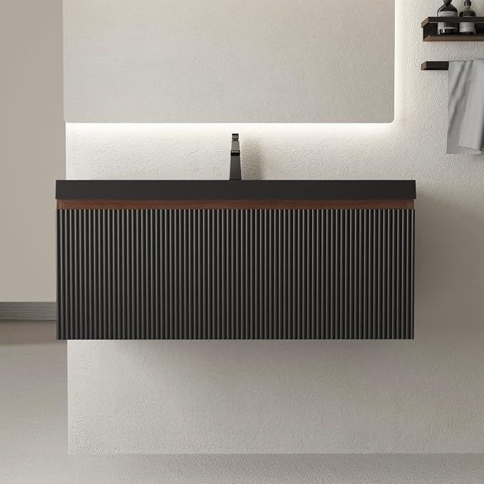 36 Inch Floating Bathroom Vanity with Sink, Wall Mounted Striped Storage Cabinet, Soft Close Drawer, Black Quartz Sand Basin, Fully Assembled, Smoked Walnut Finish