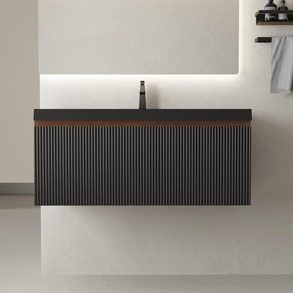 36 Inch Floating Bathroom Vanity with Sink, Wall Mounted Striped Storage Cabinet, Soft Close Drawer, Black Quartz Sand Basin, Fully Assembled, Smoked Walnut Finish