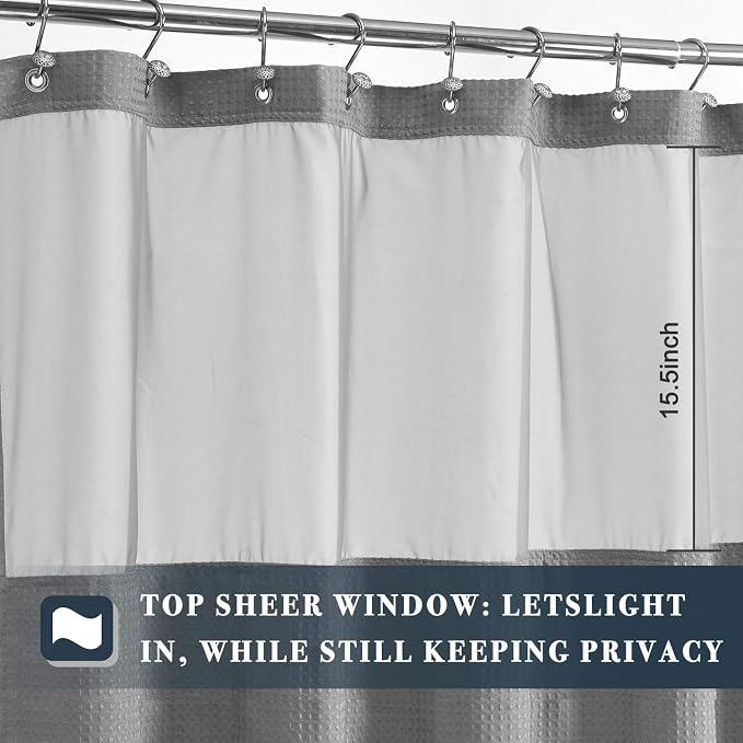 N&Y HOME Long Waffle Weave Shower Curtain with Snap-in Liner 71x78, Gray | 12 Hooks & Snap on Fabric Liner, Washable, Mesh Window, Hotel Style, 78 inches Length Grey Shower Curtain Set for Bathroom