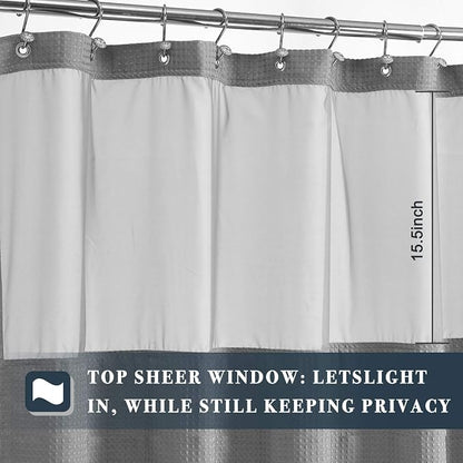 N&Y HOME Long Waffle Weave Shower Curtain with Snap-in Liner 71x78, Gray | 12 Hooks & Snap on Fabric Liner, Washable, Mesh Window, Hotel Style, 78 inches Length Grey Shower Curtain Set for Bathroom