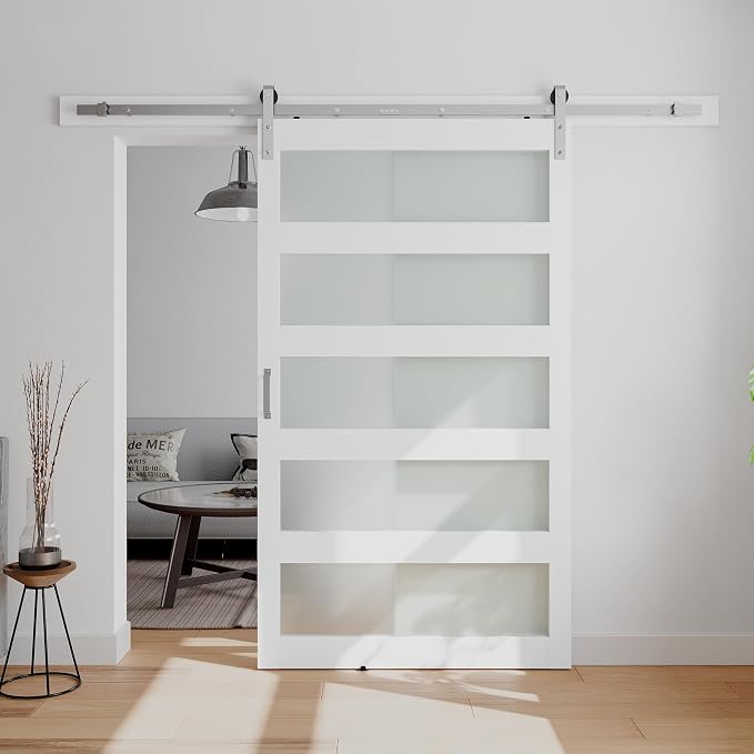 48in x 84in White Sliding Glass Barn Door with 5-Panel Frosted Glass | with 8ft Brushed Nickel Hardware Kit & Handle, Pre-Drilled Holes Easy Assembly, Covered with Water-Proof PVC Surface