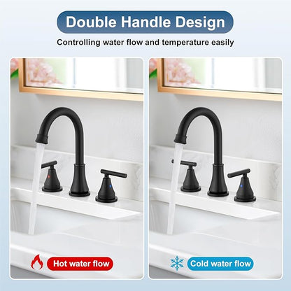 Widespread Bathroom Faucet 3 Hole, 8 inch Bathroom Sink Faucet with Pop-up Drain and Supply Lines, Two Handles, Stainless Steel, Matte Black