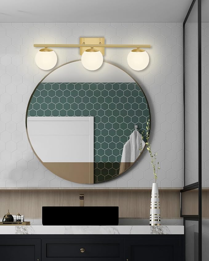Brushed Brass Bathroom Vanity Light fixtures,24‘’ 3 Lights Modern Globe Glass Shade Wall Sconce for Over Mirror, Damp Rated