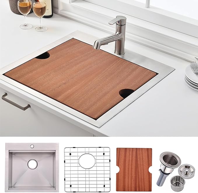 KINGO HOME Drop in Bar Sink,20 x 21 Inch Single Bowl Small Kitchen Sinks,304 Stainless Steel Topmount Wet Bar Prep Sink With Grid&Drainer&Cutting Board