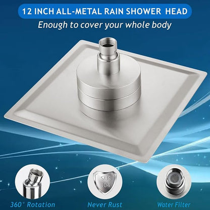 Voolan Rain Shower Head with Filtered - High Flow Bathroom Rainfall Filter Showerhead For Hard Water, Upgraded 304 Stainless Steel Construction (12"Square, Brushed Nickel)