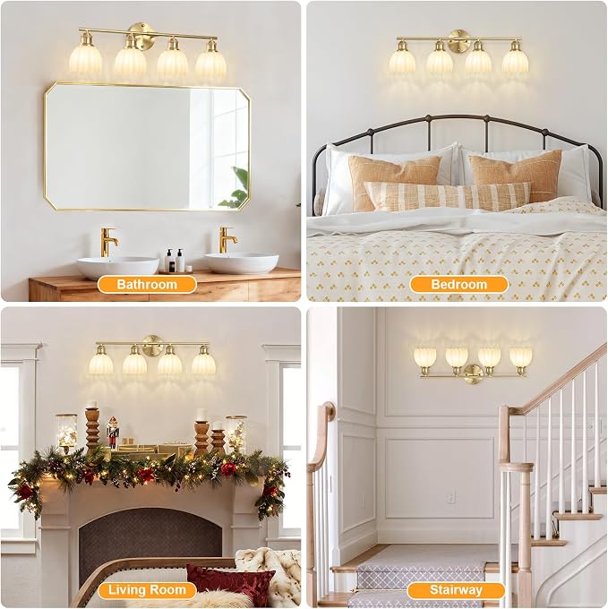 Bathroom Light Fixtures, 4-Light Brushed Gold Vanity Lights for Bathroom with White Tulip Glass Shade, 26" Vintage Bathroom Vanity Lighting Fixtures Over Mirror for Bedroom Living Room Hallway