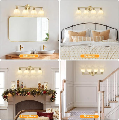 Bathroom Light Fixtures, 4-Light Brushed Gold Vanity Lights for Bathroom with White Tulip Glass Shade, 26" Vintage Bathroom Vanity Lighting Fixtures Over Mirror for Bedroom Living Room Hallway