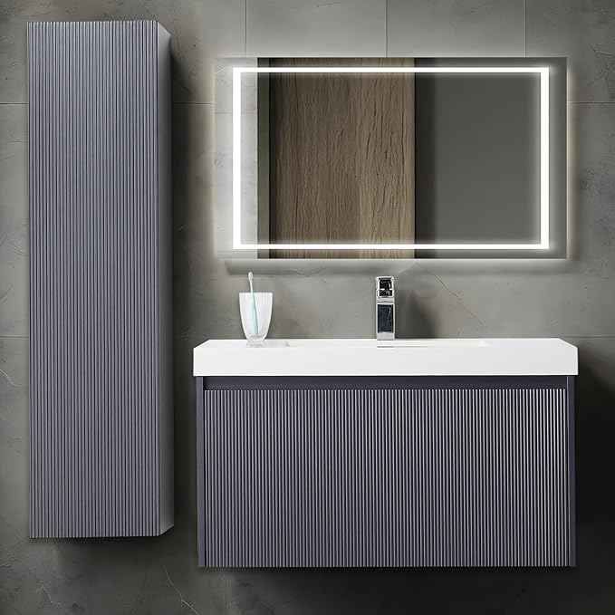 Blossom 36 Inch Bathroom Vanity with Sink and Side Cabinet, All Wood Floating Bathroom Vanity with Acrylic Sink, Bathroom Sink Cabinet with Soft-Close Drawer, Modern Style Vanities, Night Blue