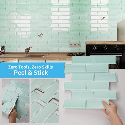 Art3d Seaglass Subway Design Peel and Stick Backsplash, 10-Pack, Aqua Green | 12 x 12 Inch, Water Resistant, Durable, Easy to Installation, Coastal Style, for Modern Home Decor, Kitchen, Home Improvement