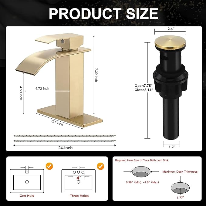 Gold Bathroom Faucet, Waterfall Bathroom Sink Faucet, Single Hole Deck Mounted Single Handle Lavatory Vanity with Pop Up Drain Parts Mixer Tap Basin Modern Bath Brushed Gold