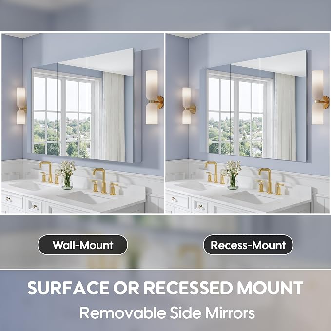 56" x 36" Bathroom Medicine Cabinet with Mirror, Anodized Chrome Aluminum Frame, Surface Mount or Recessed Medicine Cabinet with Mirror, Bathroom Mirror with Storage, Three Doors