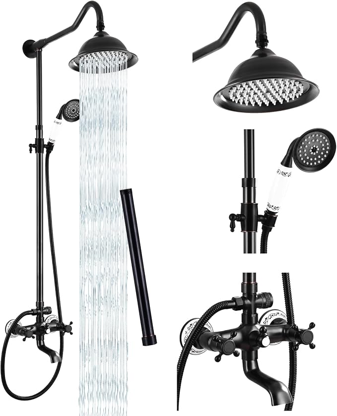 gotonovo Vintage Exposed Shower Faucet Set with Tub Spout,Oil Rubbed Bronze | Bathtub 8” Shower Head with Handheld System Fixtures Combo Kit,360°Rotation,Fast Filler,Extra Extension Tube,for 5-6.7" Hole