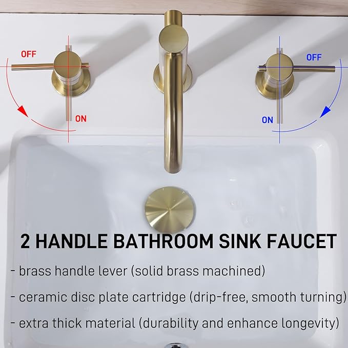 Brushed Gold 8 Inch Widespread Bathroom Faucet, 2-Handle Brass Vanity Sink Faucet 3 Hole with Metal Overflow Drain and cUPC Waterlines, 360-Degree Swivel Spout